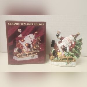 Vintage Ceramic Santa Clause On A Sled Tea Light Holder Christmas Decoration 5"